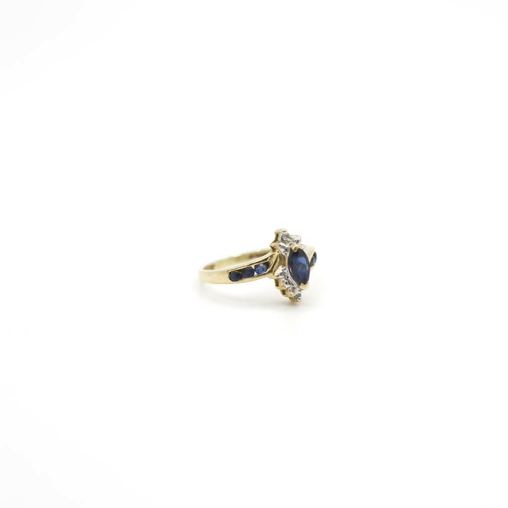 Vintage Genuine Earth Mined Marquise and Round Cut Sapphire and Diamond Pinky Ring In 14K Yellow Gold