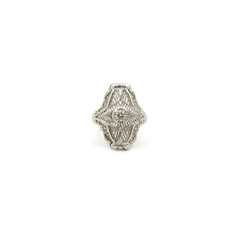 Vintage Art Deco Inspired Genuine Diamond and 14K White Gold Ring