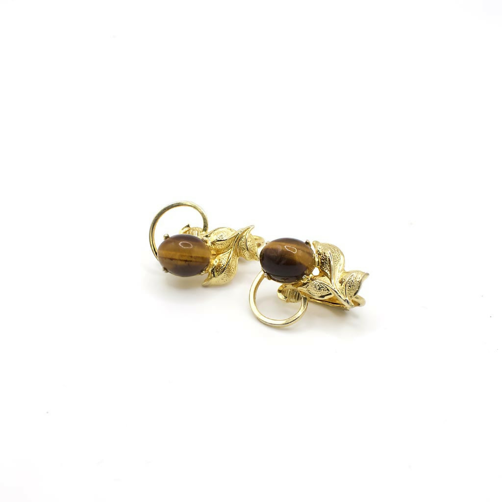 Vintage 12K Gold Filled Genuine Tigers Eye Cabochon Clip On Earrings