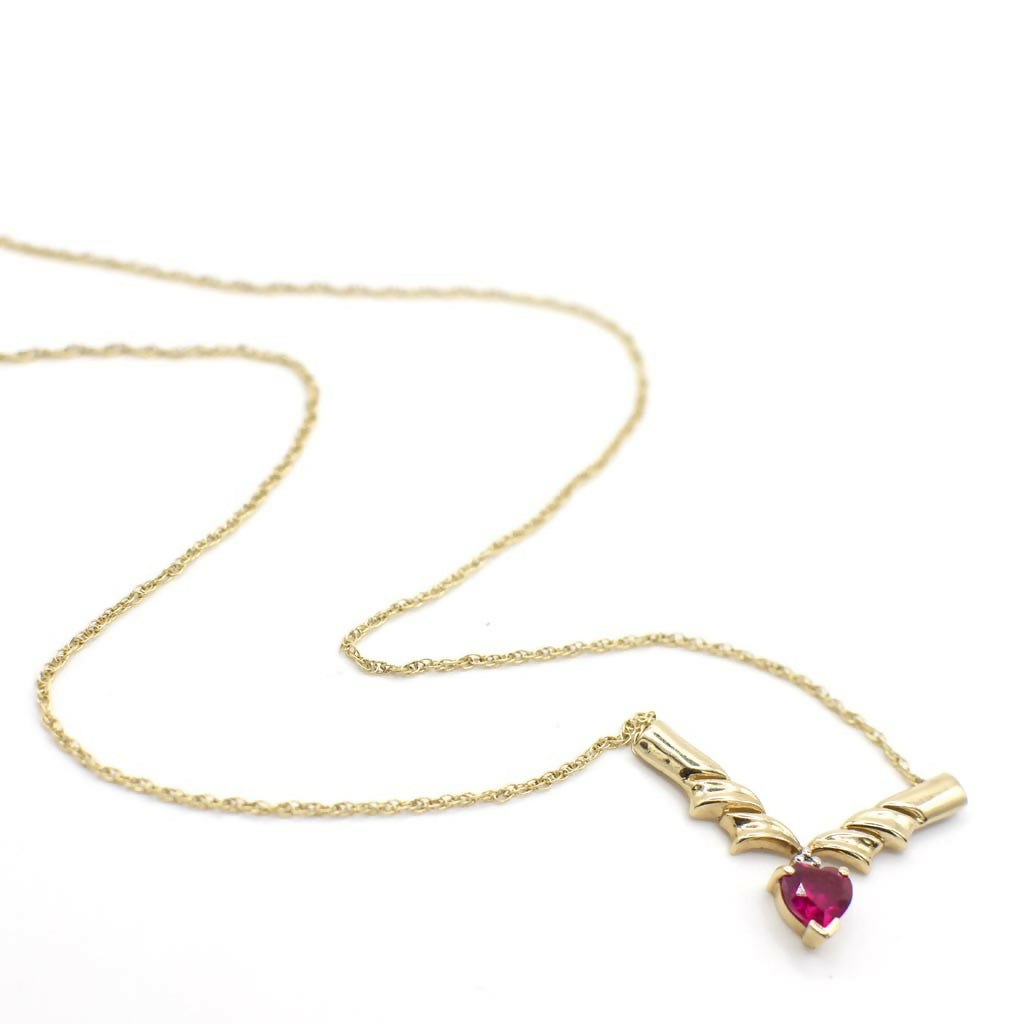 Vintage Genuine Pink Sapphire and 10K Yellow Gold Accented V Necklace