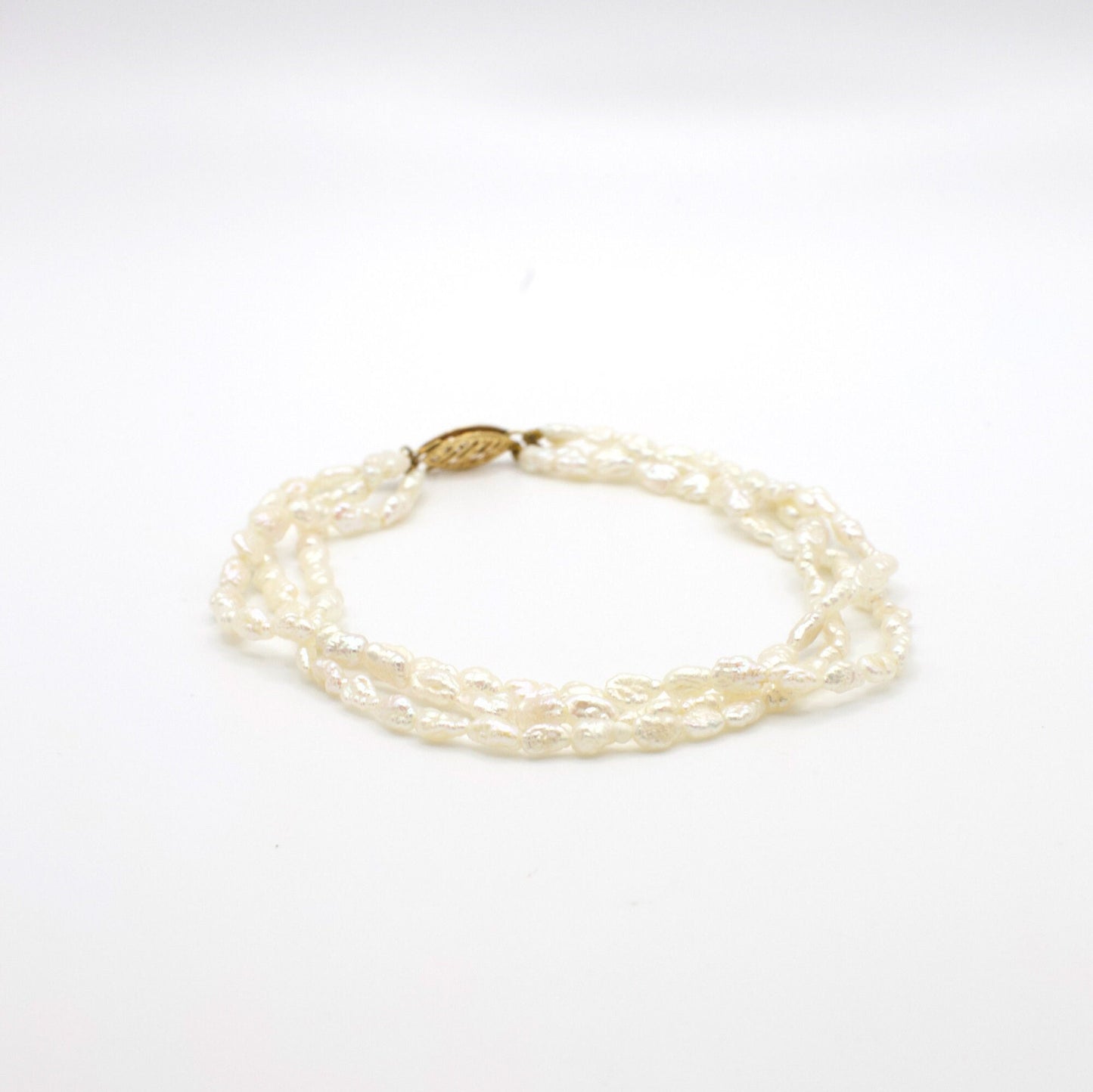 Vintage Dainty 14K Yellow Gold and Rice Pearl Triple Strand Bracelet