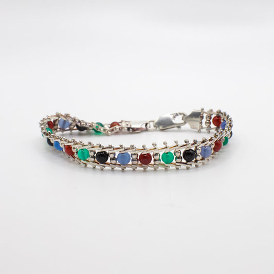 Vintage Italian Minor Multicolor Beaded Sterling Silver Bracelet