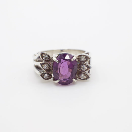 Vintage 925 Silver Genuine Amethyst and Diamond Ring