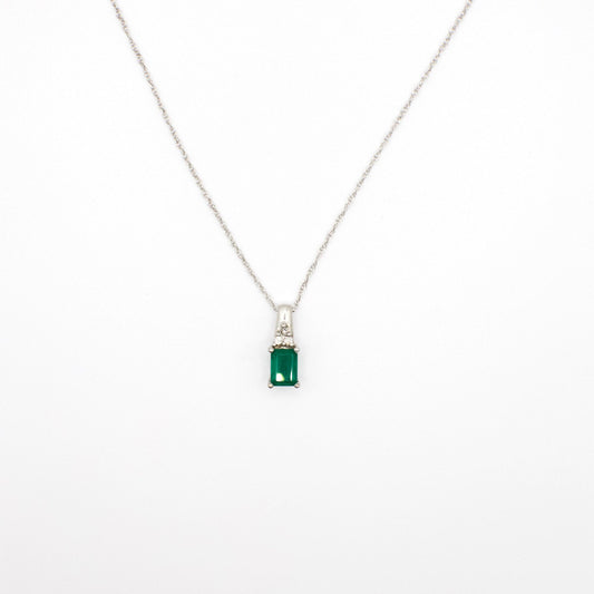 Vintage Art Deco Genuine Emerald and Diamond Pendant Sterling Silver Necklace