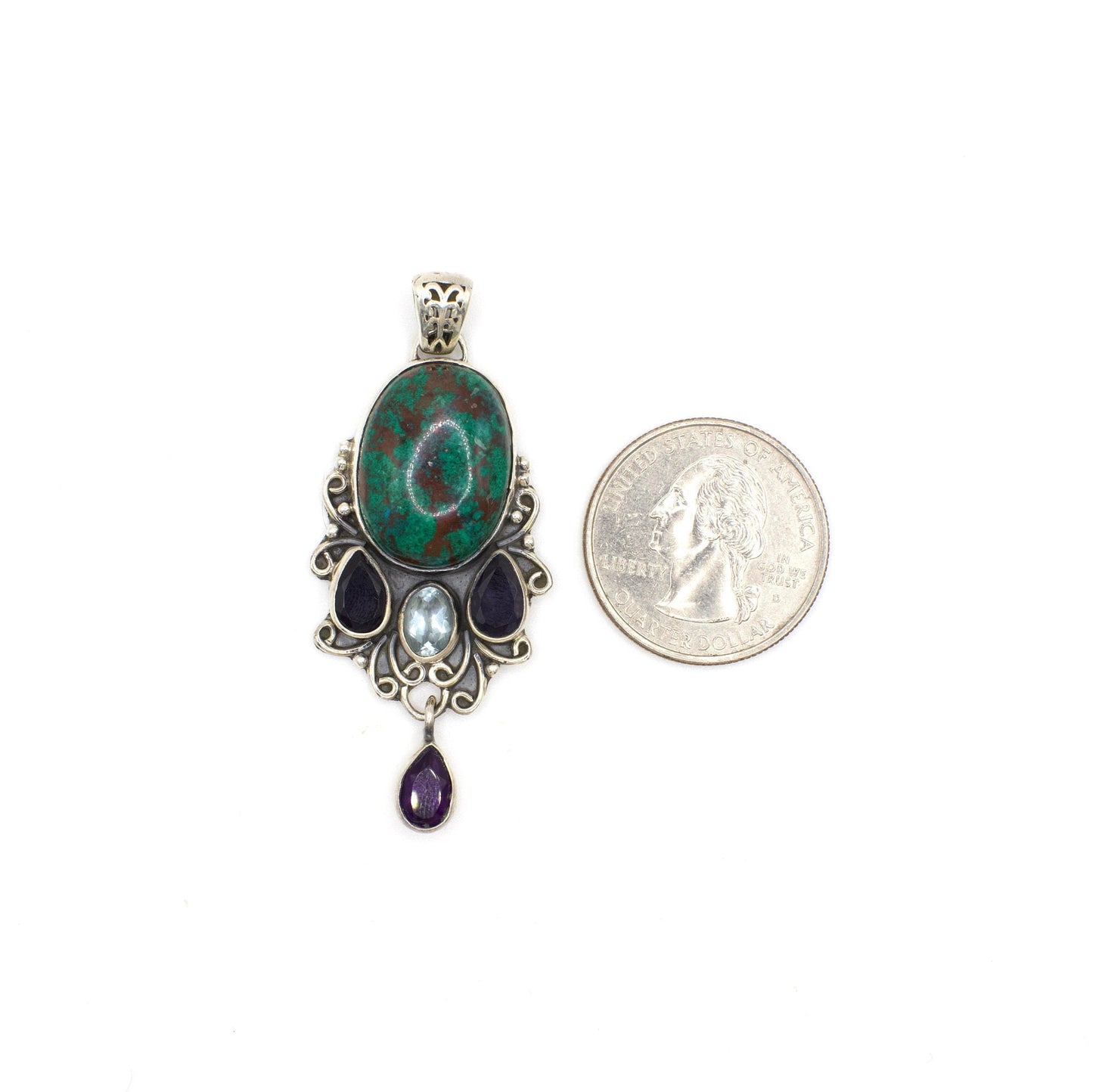 Vintage Artisan Crafted Australian Chrysocolla Pendant With Genuine Blue Topaz, Iolite, and Amethyst