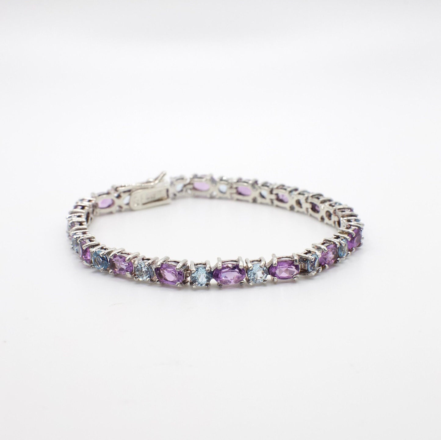 Vintage Genuine Amethyst and Topaz 925 Sterling Silver Tennis Bracelet