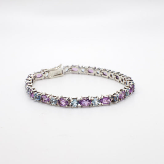 Vintage Genuine Amethyst and Topaz 925 Sterling Silver Tennis Bracelet