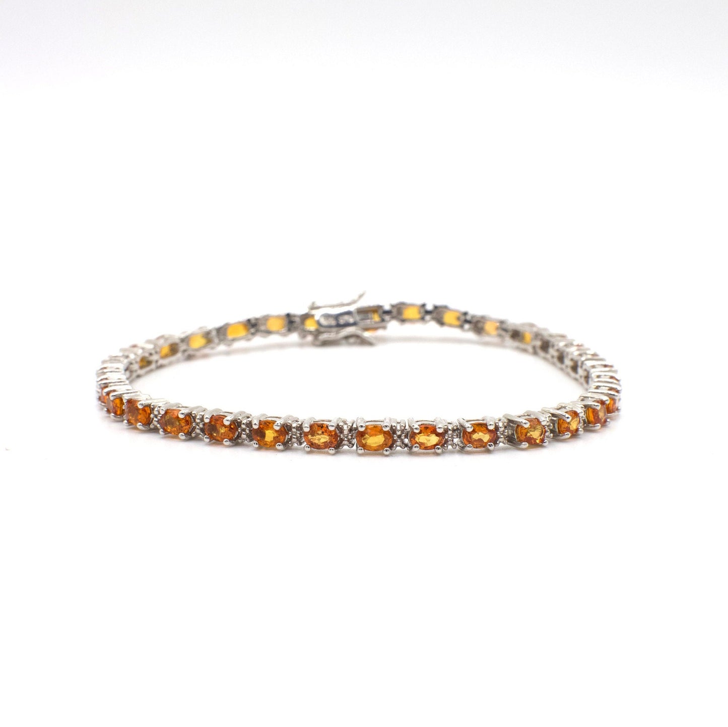 Vintage Genuine Orange Sapphire and Diamond Sterling Silver Tennis Bracelet
