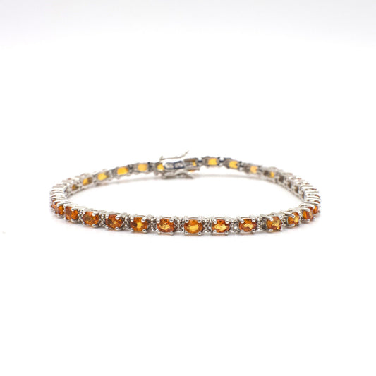 Vintage Genuine Orange Sapphire and Diamond Sterling Silver Tennis Bracelet