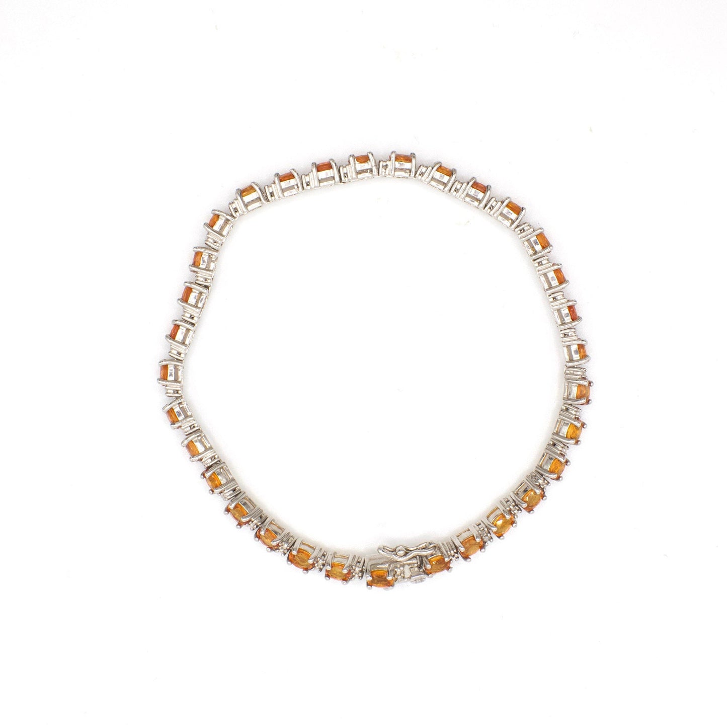 Vintage Genuine Orange Sapphire and Diamond Sterling Silver Tennis Bracelet
