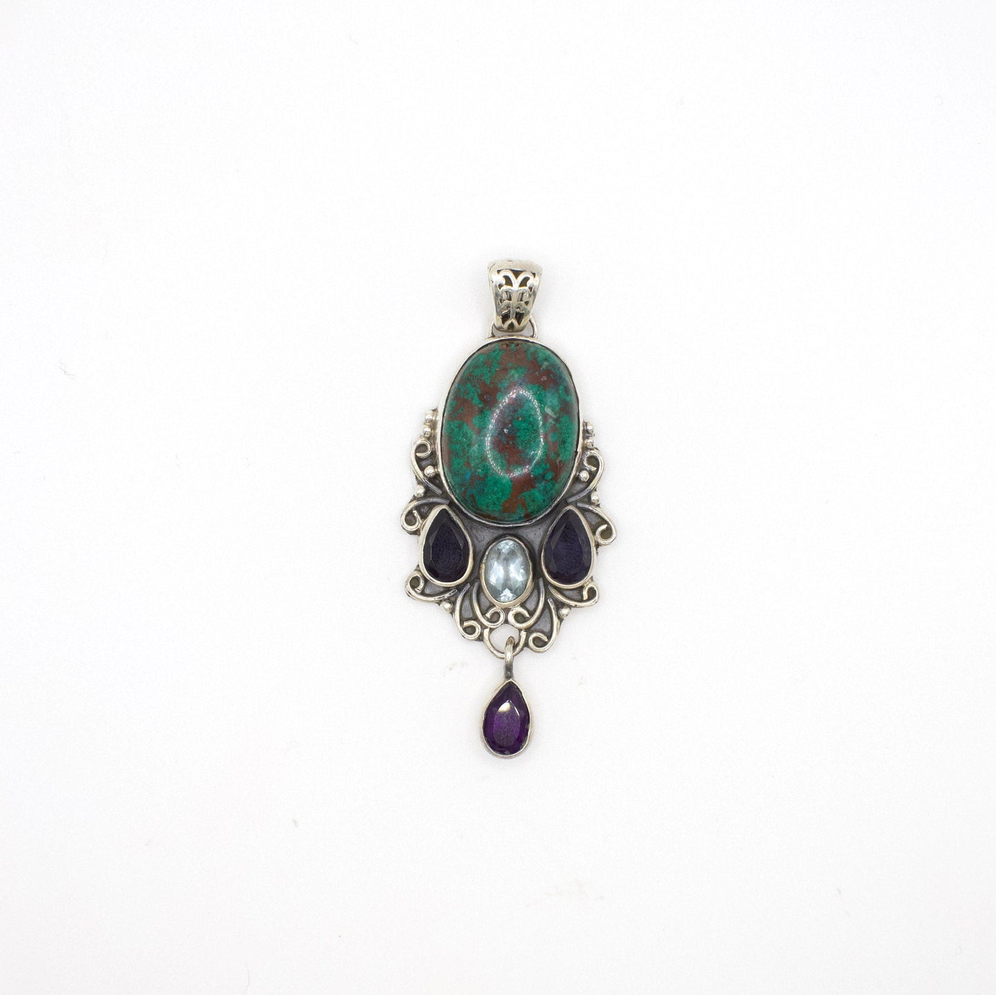 Vintage Artisan Crafted Australian Chrysocolla Pendant With Genuine Blue Topaz, Iolite, and Amethyst