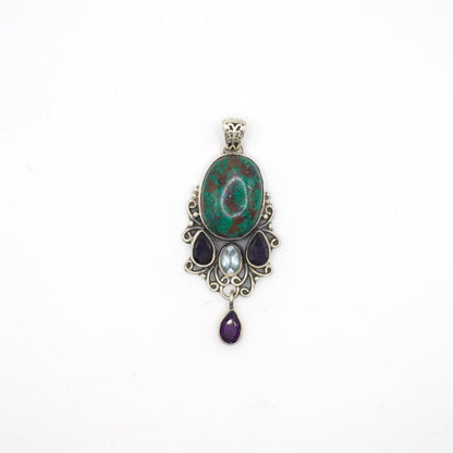 Vintage Artisan Crafted Australian Chrysocolla Pendant With Genuine Blue Topaz, Iolite, and Amethyst