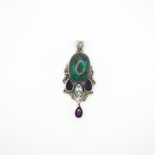 Vintage Artisan Crafted Australian Chrysocolla Pendant With Genuine Blue Topaz, Iolite, and Amethyst