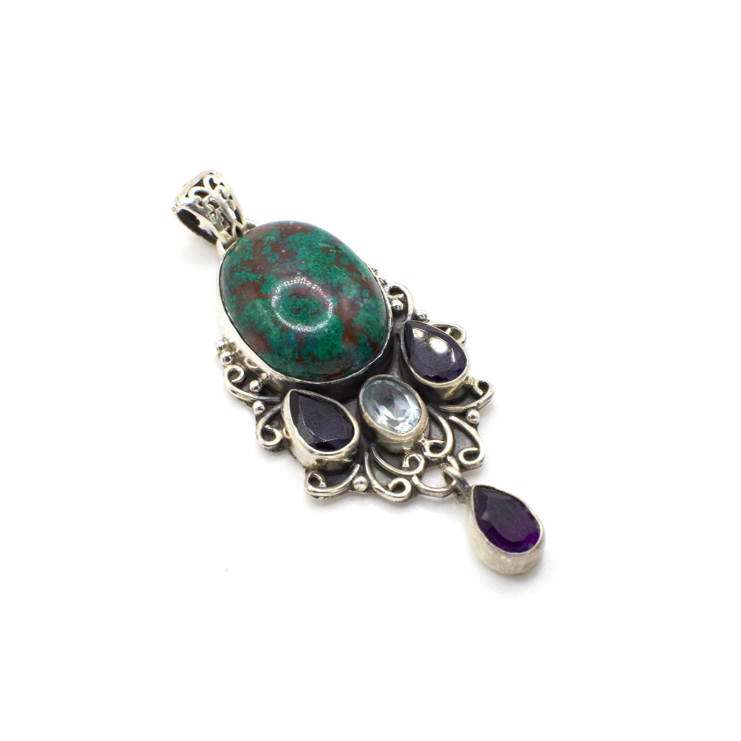 Vintage Artisan Crafted Australian Chrysocolla Pendant With Genuine Blue Topaz, Iolite, and Amethyst