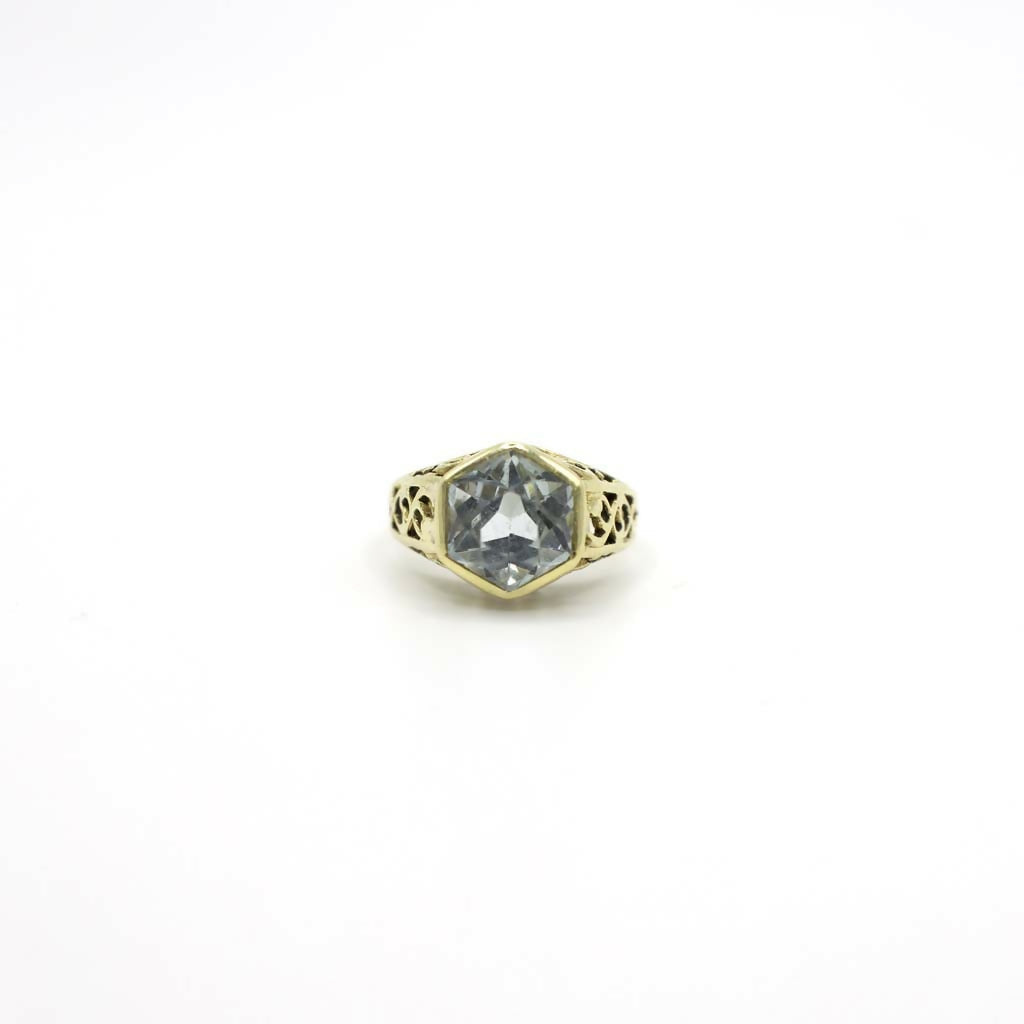 Vintage Genuine Earth Mined Aquamarine Gemstone Filigree Ring 14K Yellow Gold
