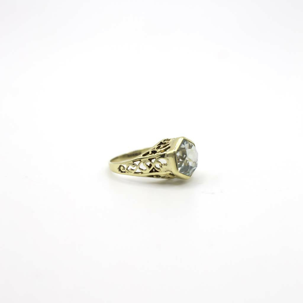 Vintage Genuine Earth Mined Aquamarine Gemstone Filigree Ring 14K Yellow Gold
