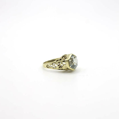 Vintage Genuine Earth Mined Aquamarine Gemstone Filigree Ring 14K Yellow Gold