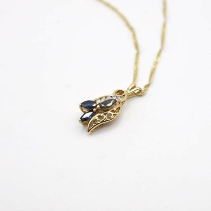 Vintage Genuine Earth Mined Diamond and Sapphire Pendant Necklace In 14K Yellow Gold