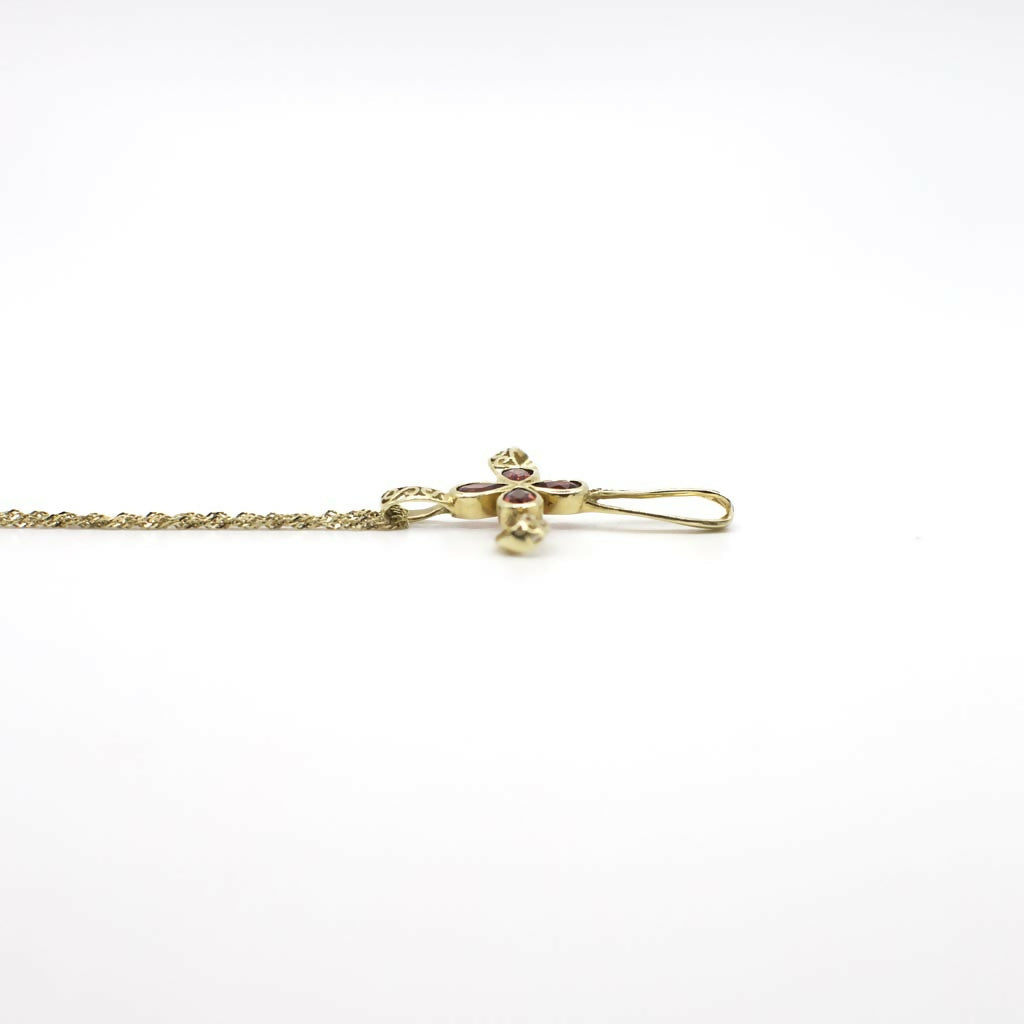 Vintage Genuine Garnet and 10K Yellow Gold Filigree Cross Pendant Necklace
