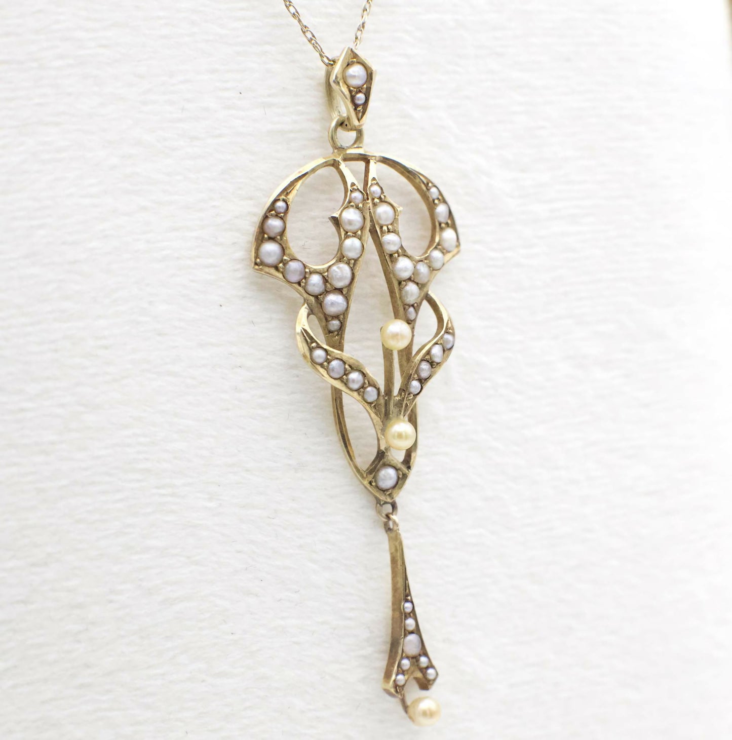Antique Circa 1910 Art Nouveau Seed Pearl and 14K Solid Yellow Gold Lavalier Pendant (Pendant Only)