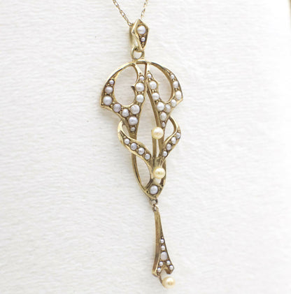 Antique Circa 1910 Art Nouveau Seed Pearl and 14K Solid Yellow Gold Lavalier Pendant (Pendant Only)