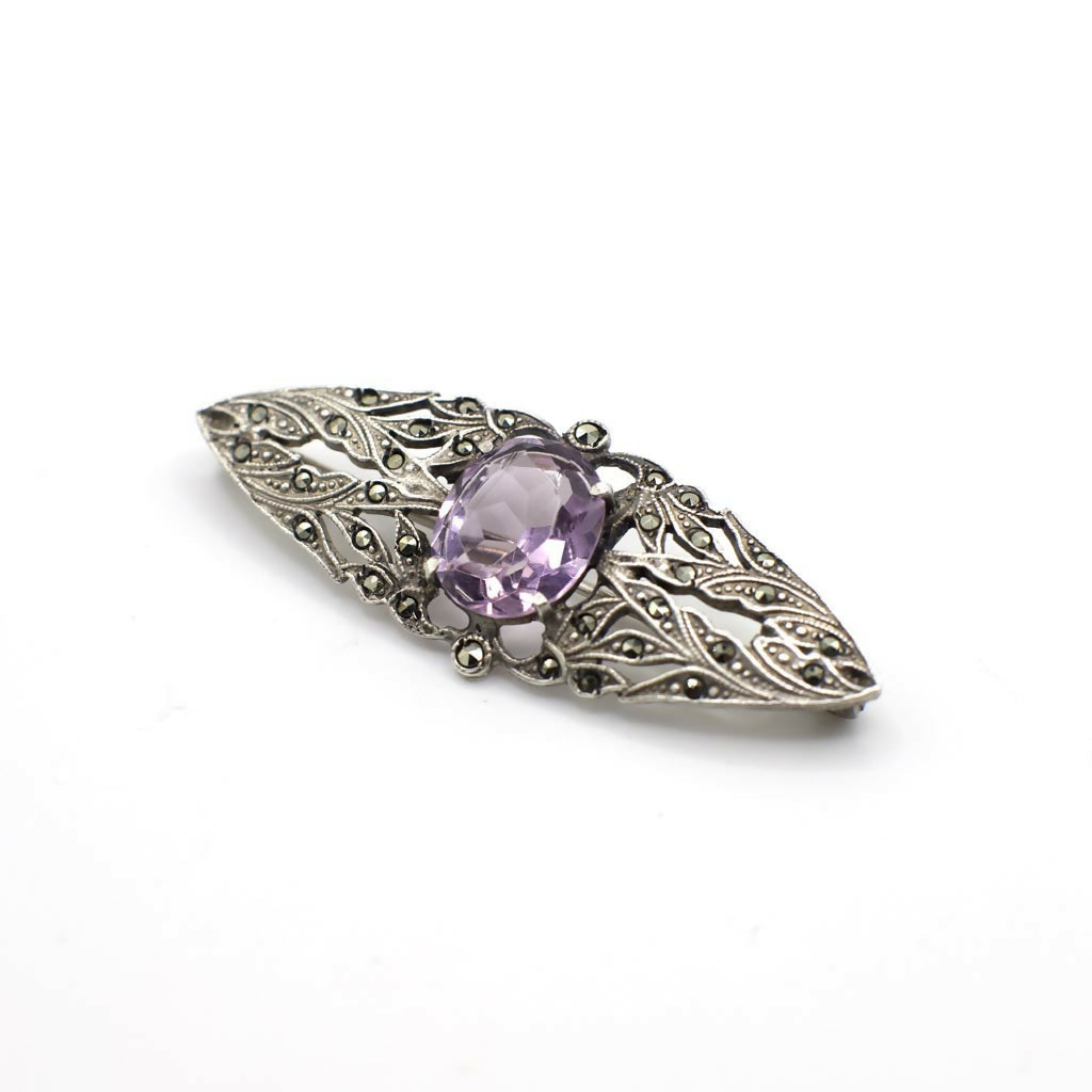 Antique Arts and Crafts Era Genuine Earth Mined Amethyst and Marcasite Brooch Pin In Sterling Silver