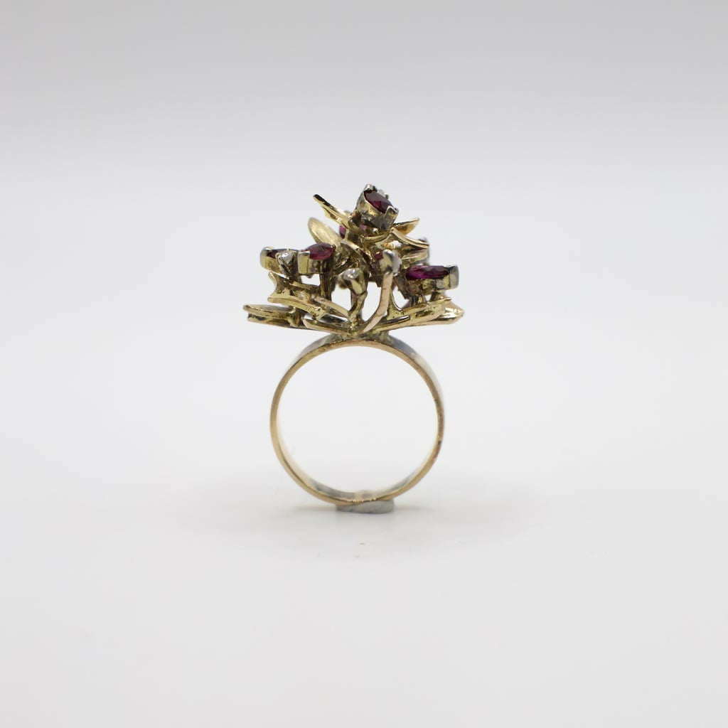 Vintage Genuine Diamond And Ruby Mid-Century Statement Ring In 14K Yellow Gold