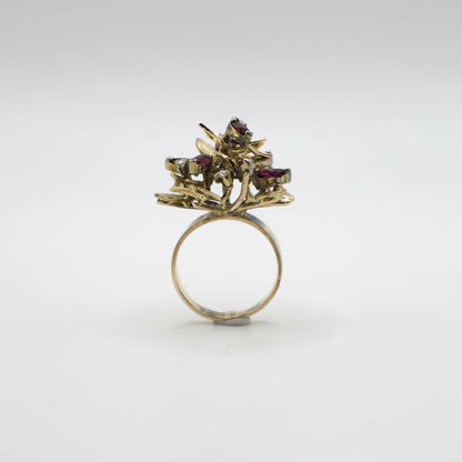 Vintage Genuine Diamond And Ruby Mid-Century Statement Ring In 14K Yellow Gold