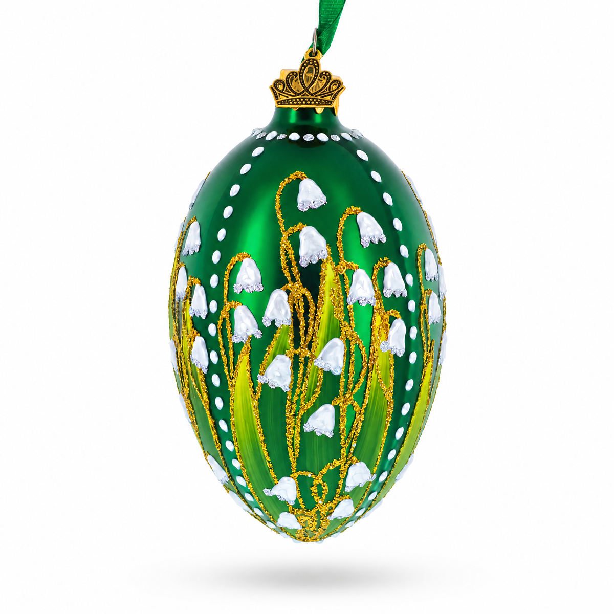 Lily of the Valley on Emerald Egg Glass Ornament 4 Inches