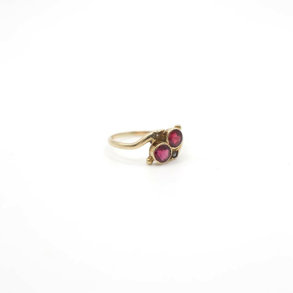 Antique Old European Cut Genuine Almandine Garnet Doublet and Seed Pearl Ring