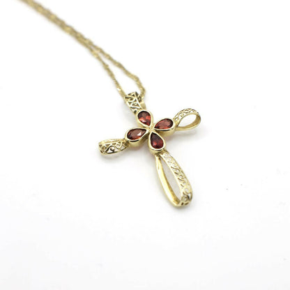 Vintage Genuine Garnet and 10K Yellow Gold Filigree Cross Pendant Necklace