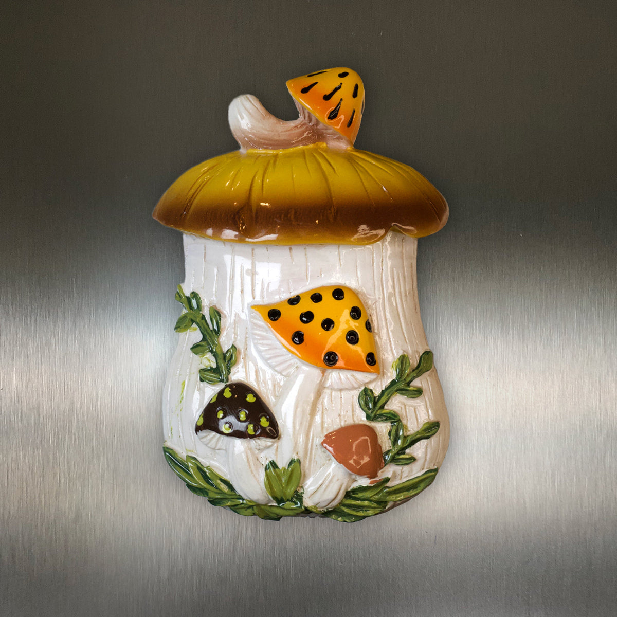 Merry Mushroom-Inspired Hand-Painted 70s Fridge Magnet