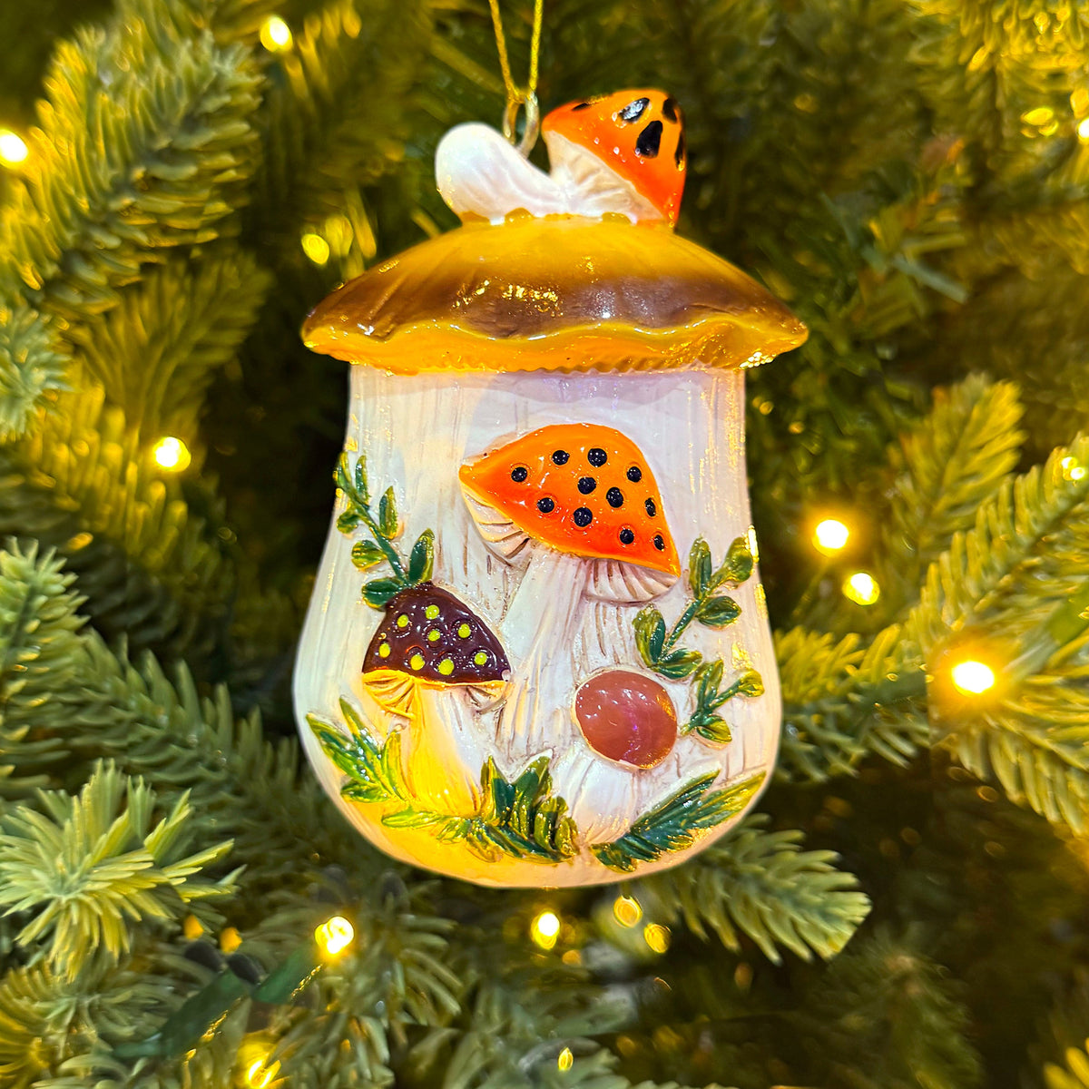 Merry Mushroom-Inspired 70s Hand-Painted Christmas Ornament