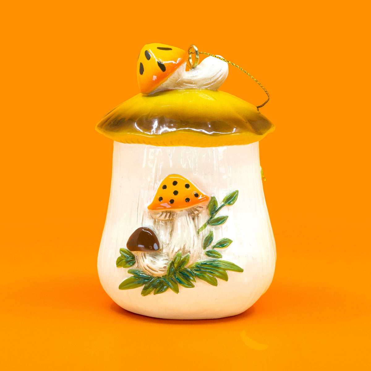 Merry Mushroom-Inspired 70s Hand-Painted Christmas Ornament