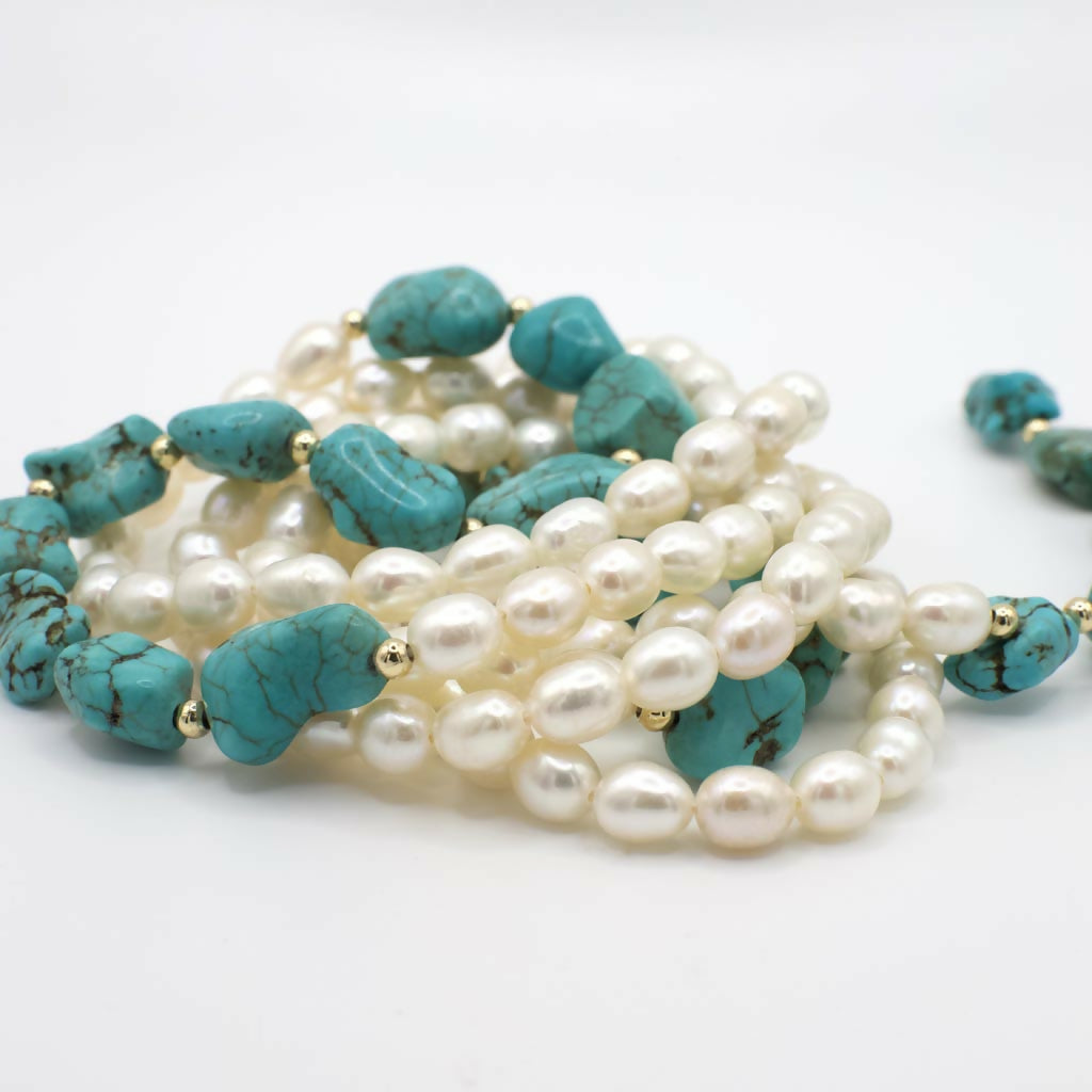 Vintage Genuine Turquoise and Pearl Lariat Necklace