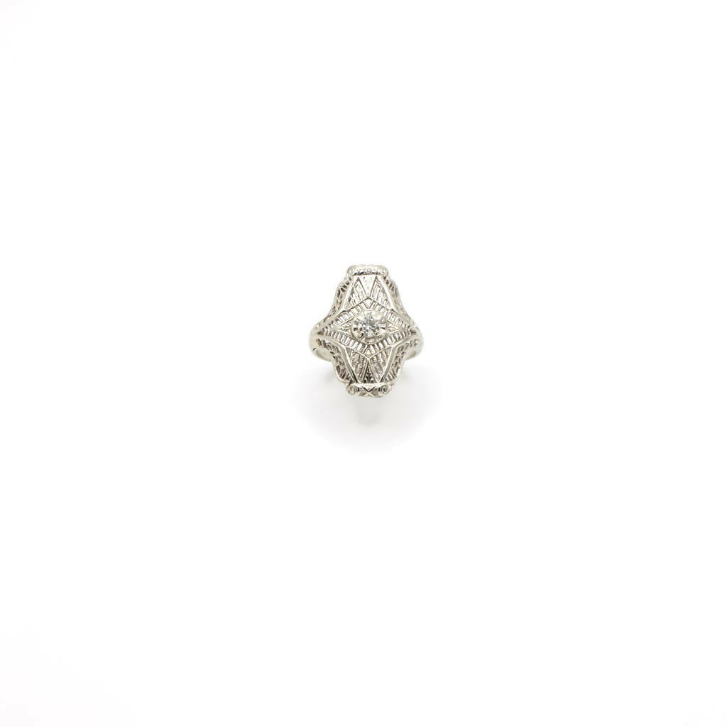 Vintage Art Deco Inspired Genuine Diamond and 14K White Gold Ring