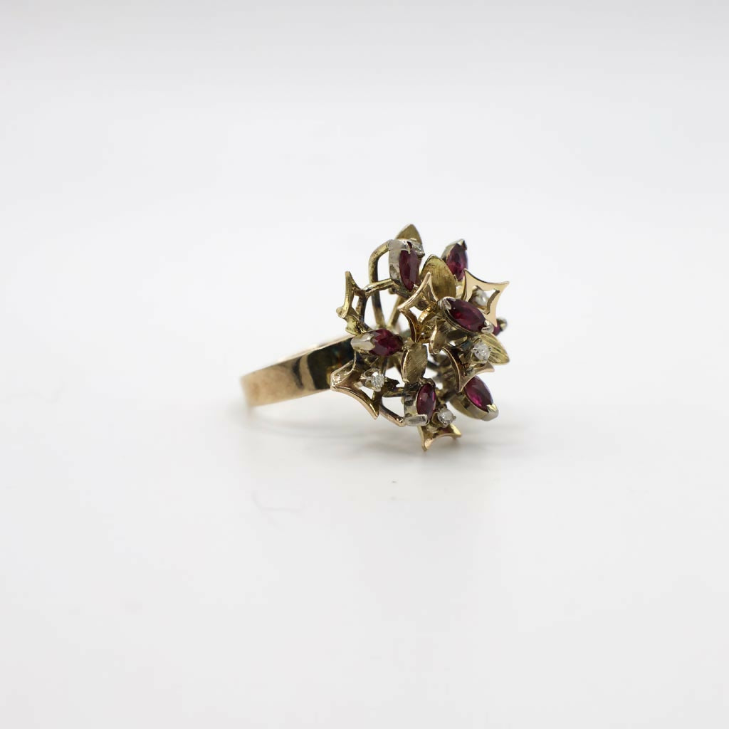 Vintage Genuine Diamond And Ruby Mid-Century Statement Ring In 14K Yellow Gold