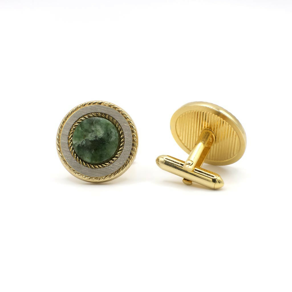 Vintage Gold and Silver Tone Genuine Nephrite Cuff Links