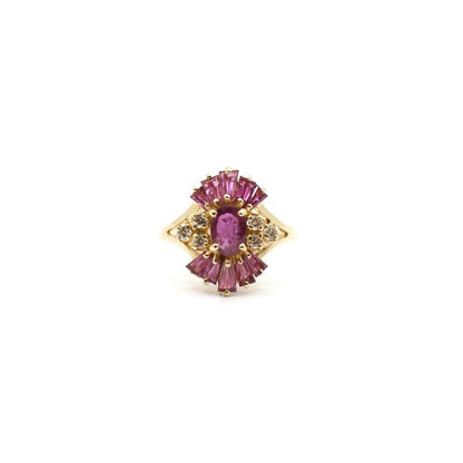 Vintage Diamond and Pink Sapphire Burst Ring In 14K Yellow Gold