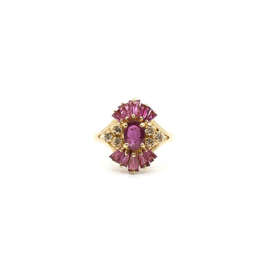 Vintage Diamond and Pink Sapphire Burst Ring In 14K Yellow Gold