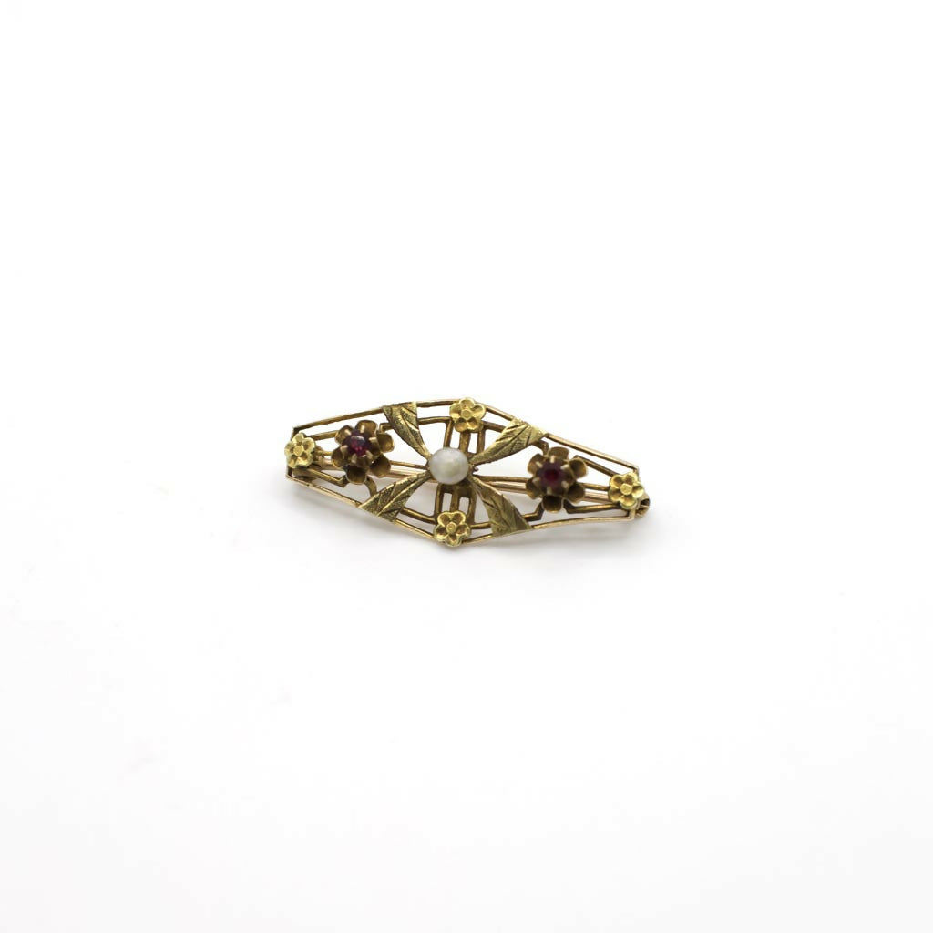 Antique 1910's E.L Spencer Co Genuine Freshwater Pearl Brooch Pin In 10K Yellow Gold