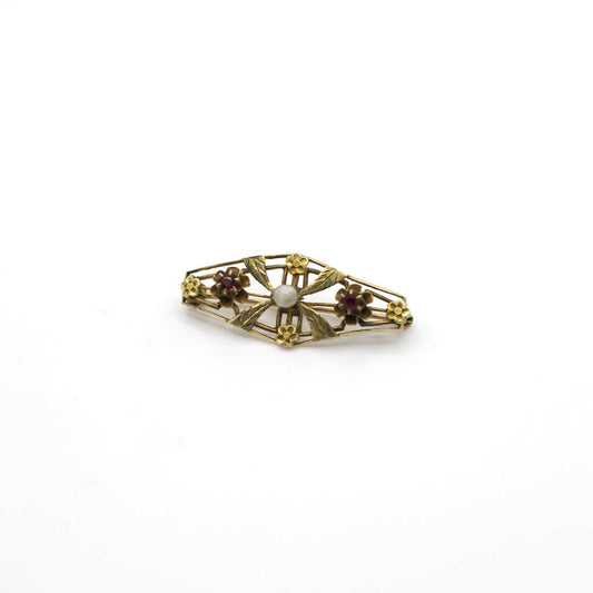 Antique 1910's E.L Spencer Co Genuine Freshwater Pearl Brooch Pin In 10K Yellow Gold