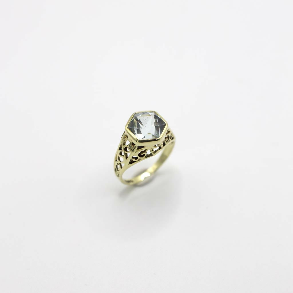 Vintage Genuine Earth Mined Aquamarine Gemstone Filigree Ring 14K Yellow Gold
