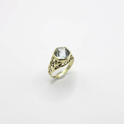 Vintage Genuine Earth Mined Aquamarine Gemstone Filigree Ring 14K Yellow Gold