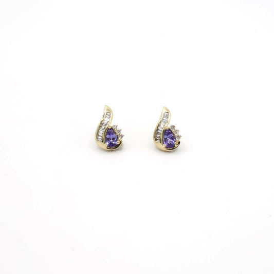 Vintage Genuine Earth Mined Diamond and Iolite Earrings In 14K Yellow Gold
