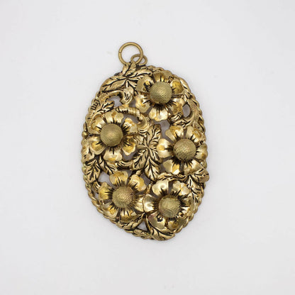 Vintage Floral Brass Filigree Oval Pendant