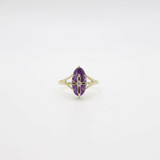 Vintage Genuine Diamond and Amethyst Cross Accented Ring In 10K Yellow Gold