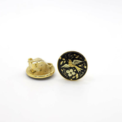 Vintage Damascene Bird Clip On Earrings In 18K Yellow Gold Over Metal