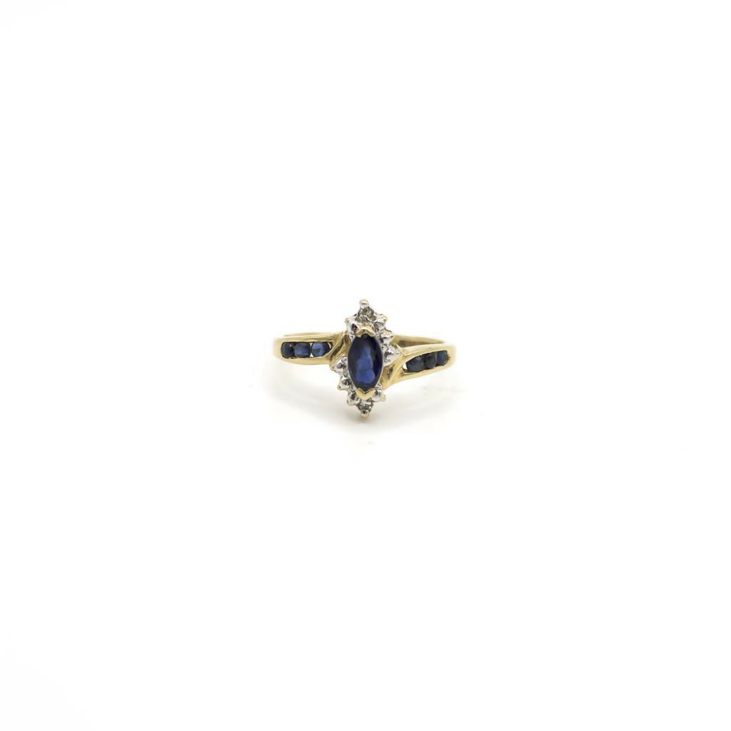 Vintage Genuine Earth Mined Marquise and Round Cut Sapphire and Diamond Pinky Ring In 14K Yellow Gold