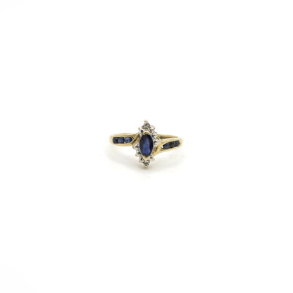 Vintage Genuine Earth Mined Marquise and Round Cut Sapphire and Diamond Pinky Ring In 14K Yellow Gold